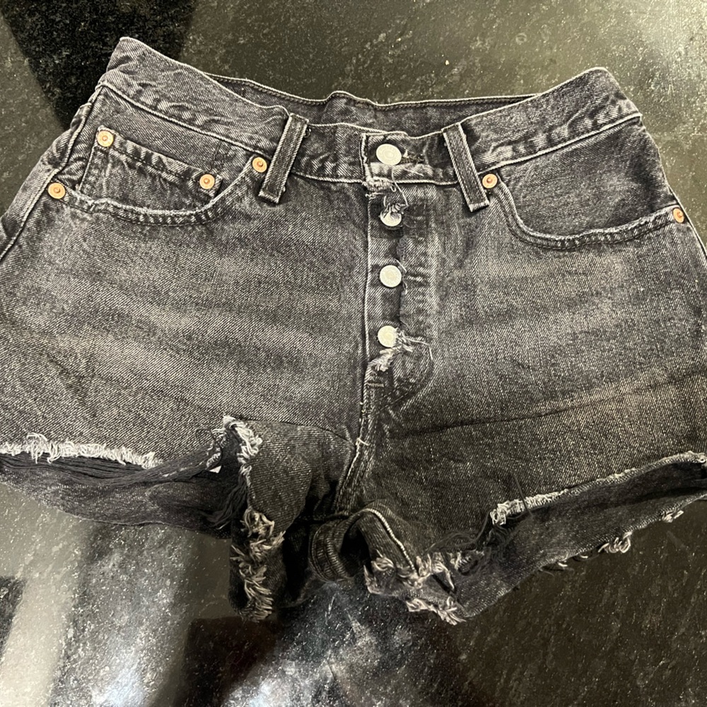 Levi’s 501 Button Fly Distressed Black Denim Shorts - size 28